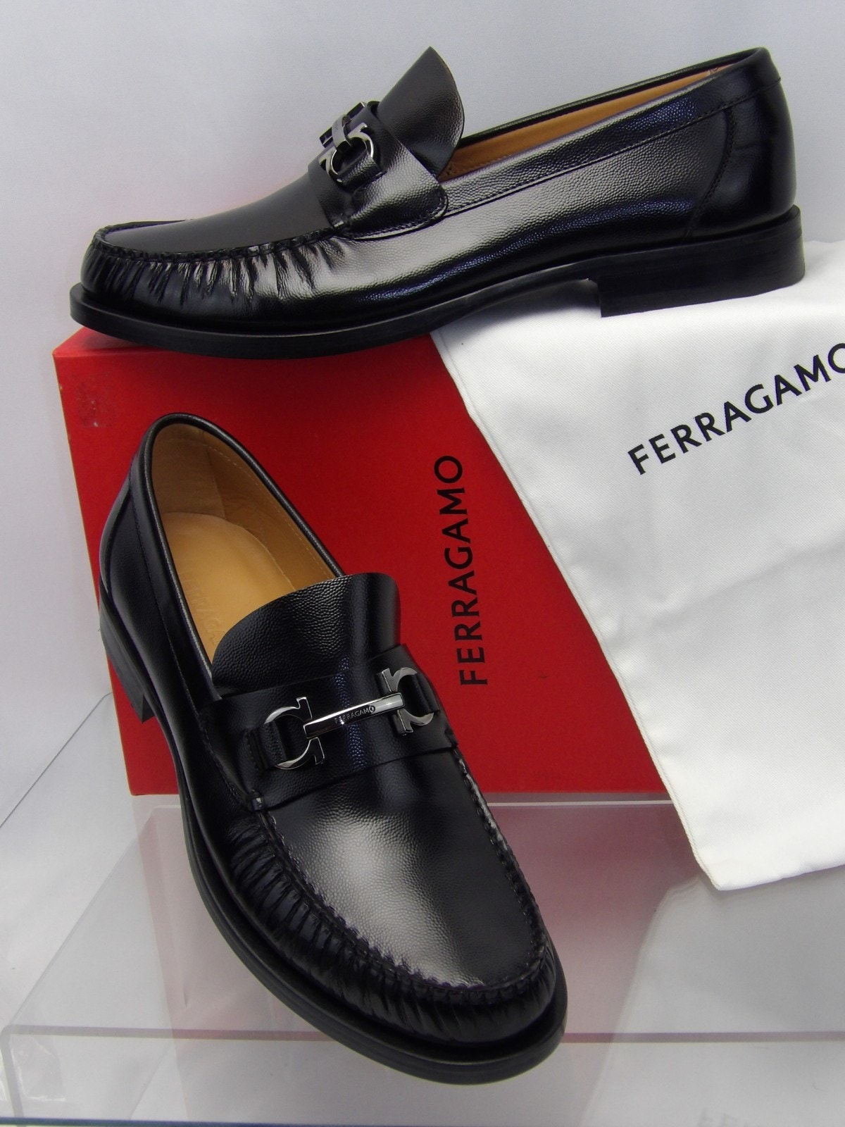 Nib Ferragamo Black Leather Fort Gancini Bit Logo Loafers 12 E Italy